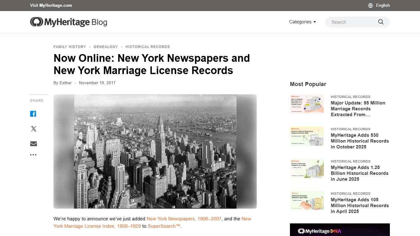 Now Online: New York Newspapers and New York Marriage License Records - MyHeritage Blog