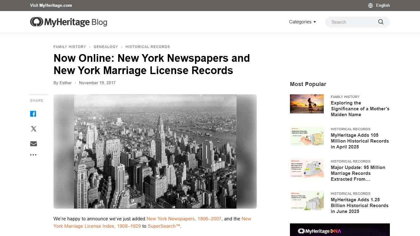 Now Online: New York Newspapers and New York Marriage License Records - MyHeritage Blog